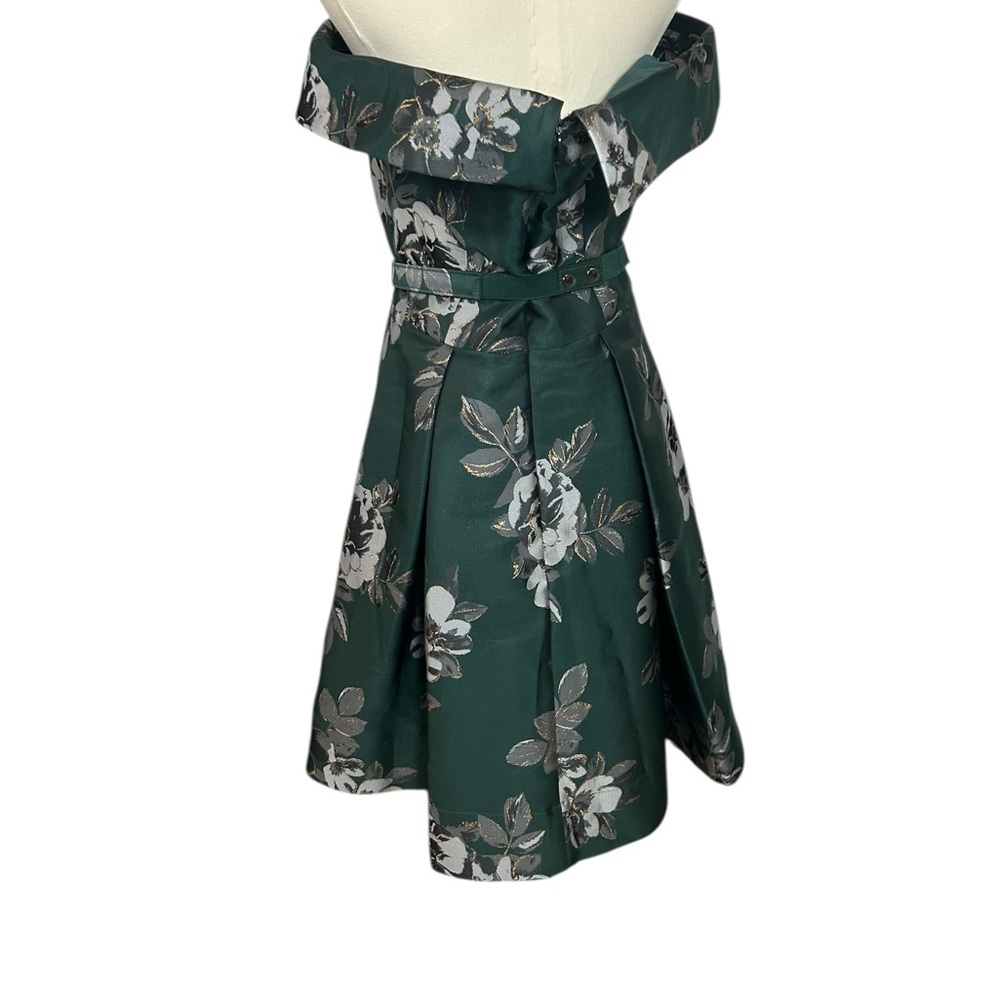 Eliza J Off the Shoulder Emerald Green Brocade Floral Belted Dress Sz 10 - Picture 5 of 16